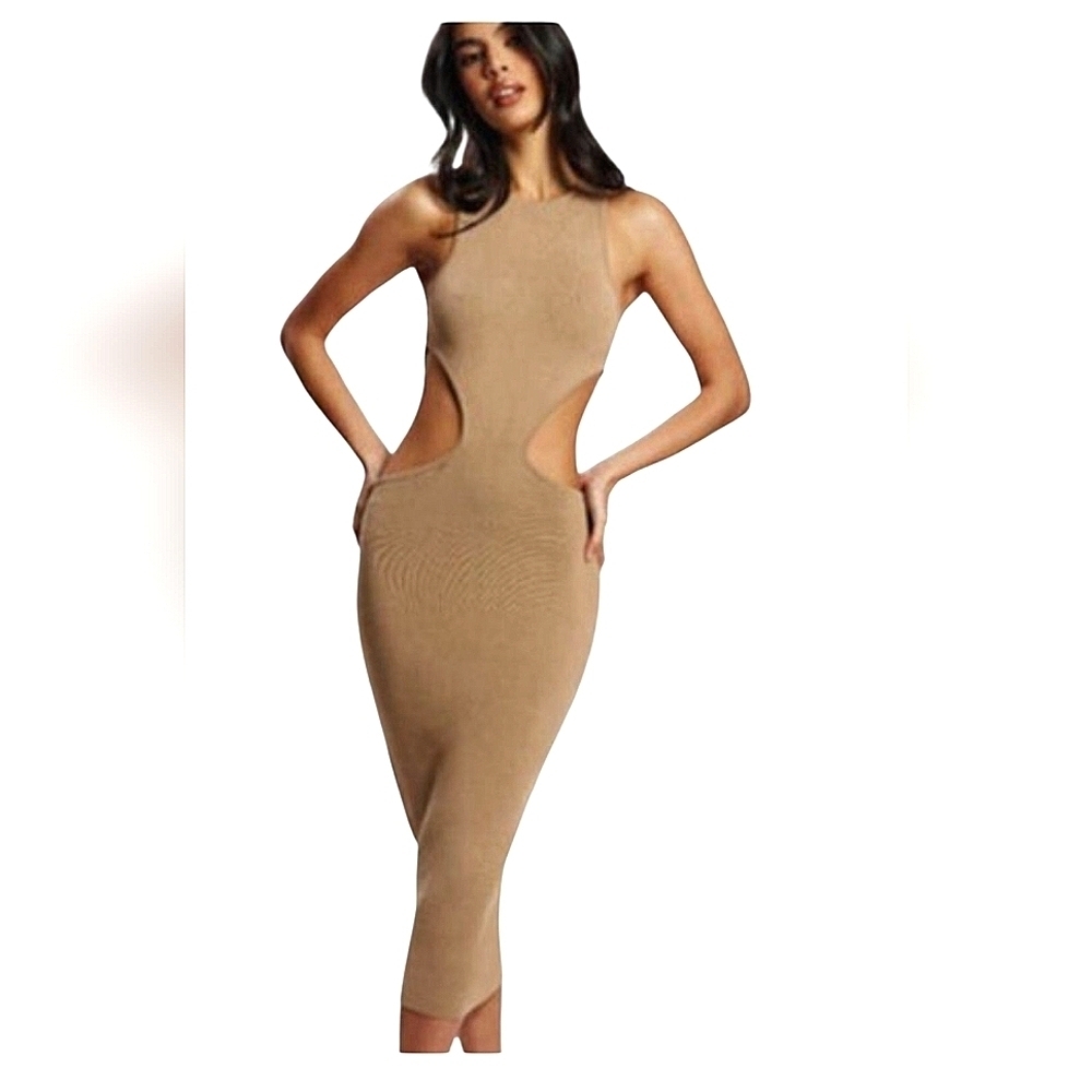 MESHKI Lela Cut Out Knit Midi Bodycon Dress In Taupe. Size Large NWT